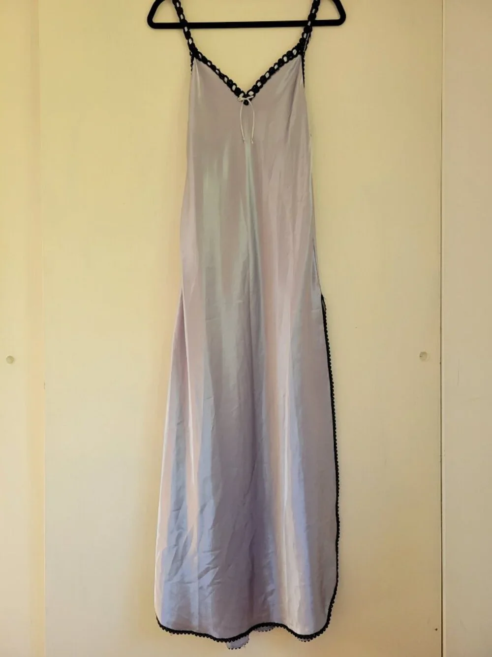 Vintage Satin Slip Dress Lingerie Lavendar Grey Black Crochet Lace Trim Slit S - Picture 2 of 9
